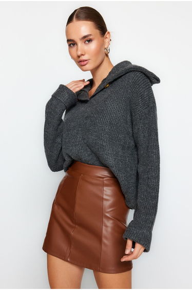Brown Imitation Leather High Waist Mini Skirt With Rayons