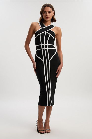 Bandage Knit Contrast Cross Front Dress