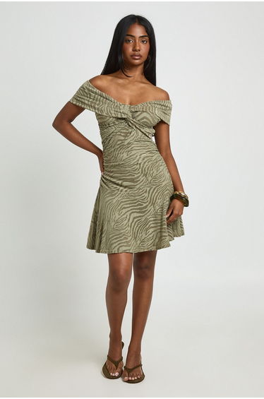 Burnout Zebra Twist Bardot Frill Hem Dress - sage