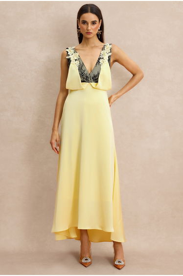 Contrast Color Lace 3D Flower Maxi Dress