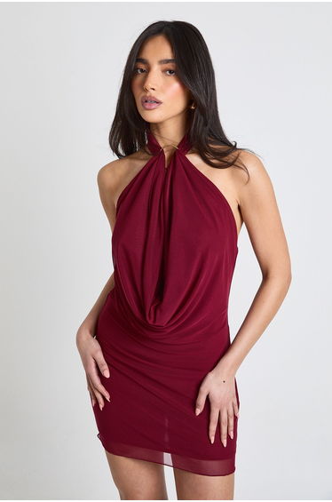 Slinky Halterneck Gold Trim Mini Dress - burgundy