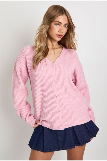 Oversized Chunky Rib Knit Boyfriend Cardigan - pink
