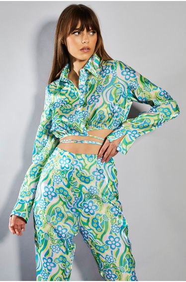 Glamorous Collection Metallic Swirl Floral Long Sleeve Cropped Sleeve with Waist Tie Detail