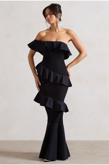 Cinematic | Black Bardot Ruffled Fishtail Dress