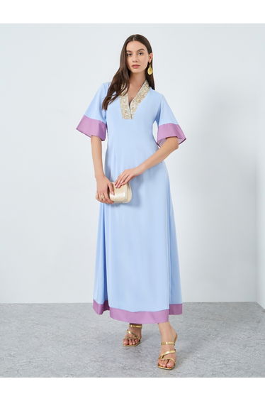 Blue Color Block Sequin Detail Maxi Dress