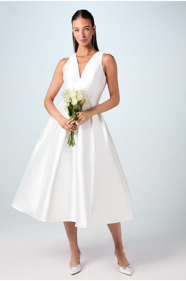 Plunge Neck Bow Waist Midi Dress With Pockets