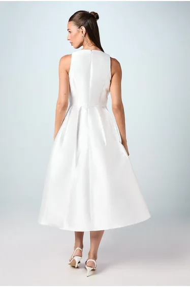 Plunge Neck Bow Waist Midi Dress With Pockets