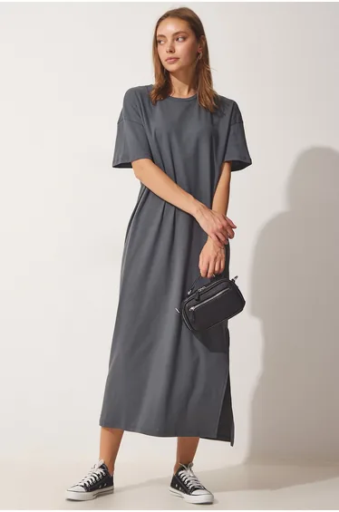 Women's Anthracite Cotton Summer Daily Combed Cotton Dress