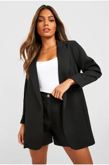 Basic Woven Turn Cuff Relaxed Fit Blazer - black