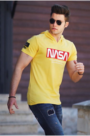 Men's Printed Yellow Hooded T-Shirt