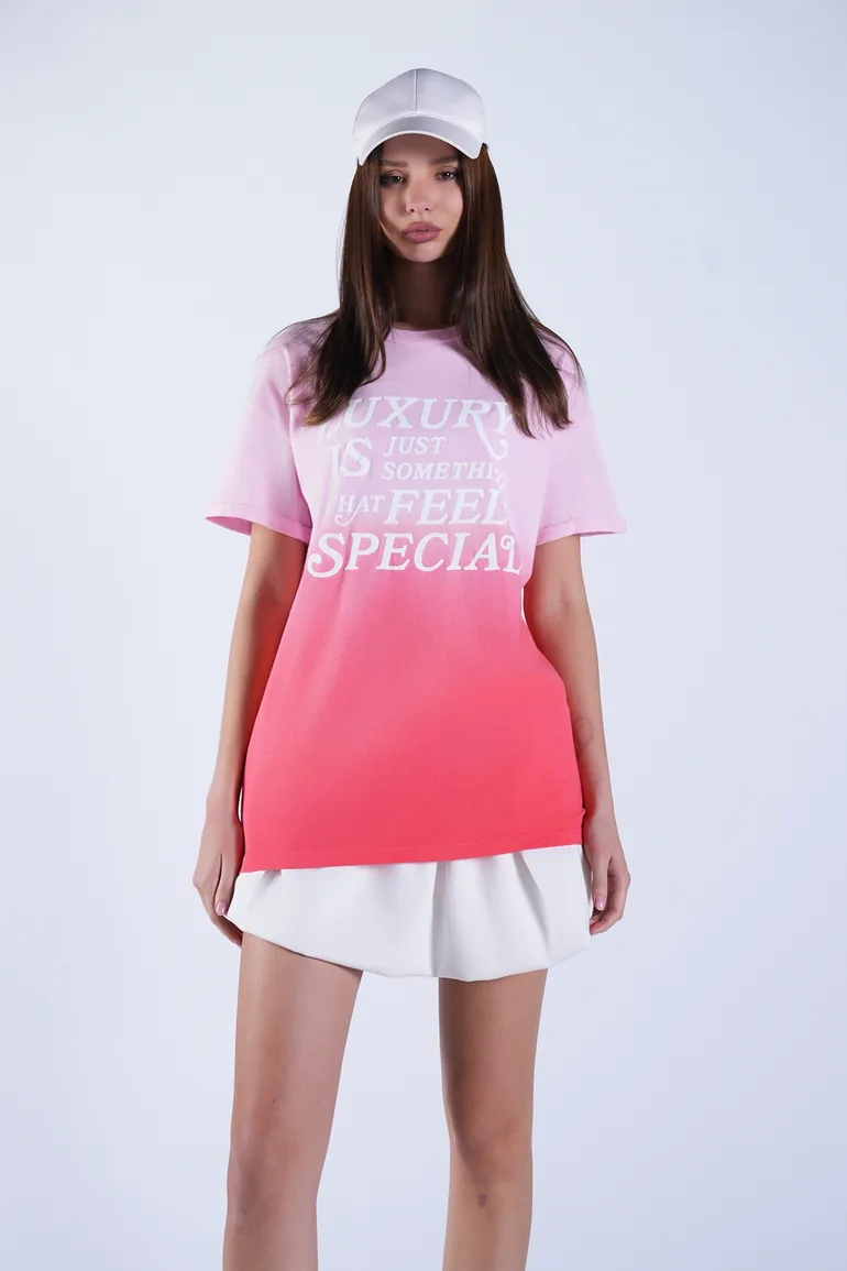 Women's Pink Crew Neck Embossed Printed Gradient T-Shirt - 1