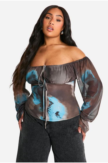 Plus Large Floral Mesh Sleece Bardot Corset Top -