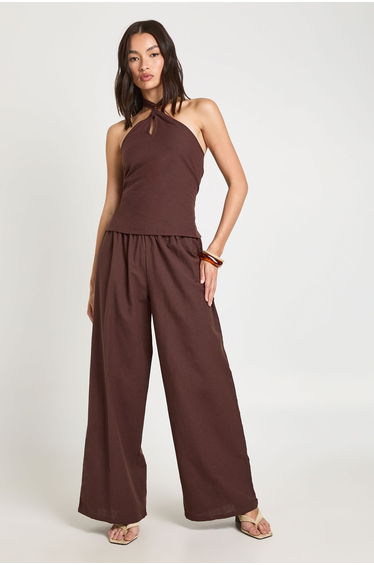 Linen Look Beaded Halter Neck Top & Slouchy Trouser Co-ord - chocolate