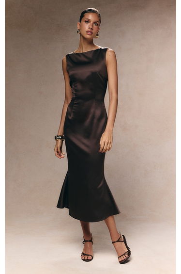 Dark Taupe Satin Boat Neck Fishtail Midaxi Dress