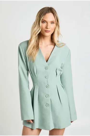 Petite Long Sleeve Collarless Tailored Mini Dress - sage
