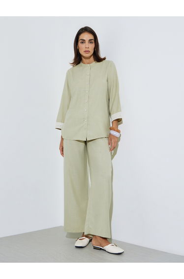 Green Mandarin Collar Shirt and Straight Pants Modest Set