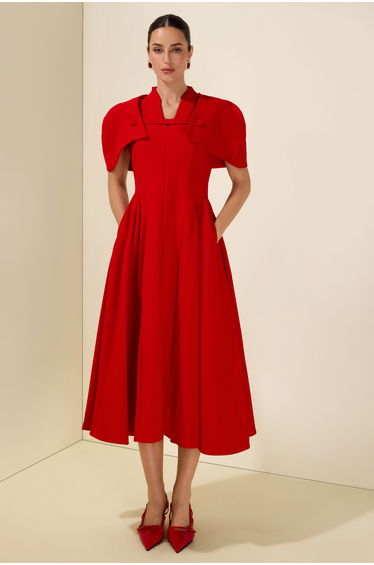 V-Neck Ruched Midi Dress With Cape