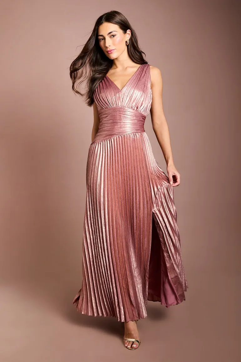 Wrap Waist Detail Pleated V Neck Maxi Dress With Split