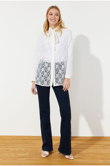 White Embroidery Lace Stylish Woven Shirt