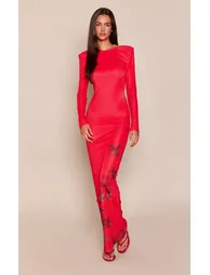 Red Mesh Floral Print Long Sleeve Shoulder Pad Backless Maxi Dress