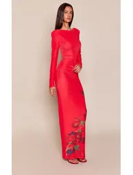 Red Mesh Floral Print Long Sleeve Shoulder Pad Backless Maxi Dress - 2