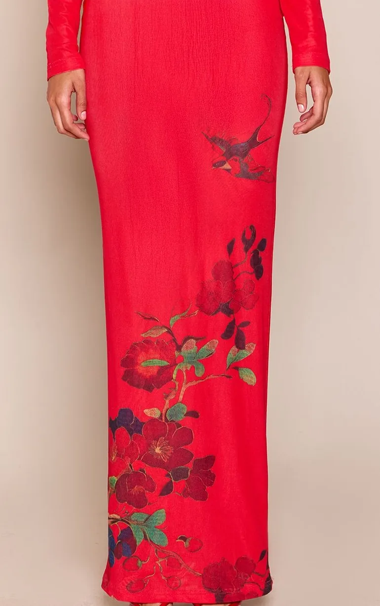 Red Mesh Floral Print Long Sleeve Shoulder Pad Backless Maxi Dress - 3
