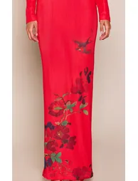 Red Mesh Floral Print Long Sleeve Shoulder Pad Backless Maxi Dress - 3