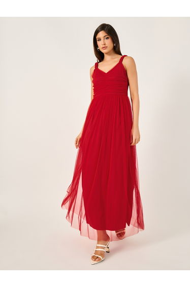 Mesh Insert Strappy Maxi Dress with Gathered Detail