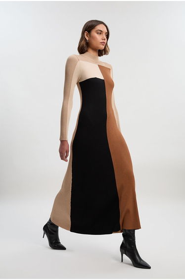 Slinky Viscose Colour Block Full Skirted Knit Dress