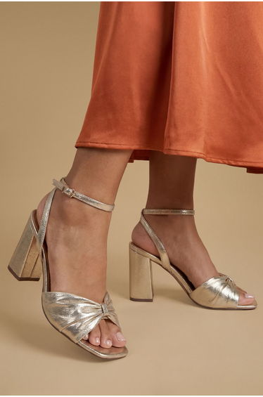 Midyim Metallic Textile Ruched Front High Heel Block Heel Sandals