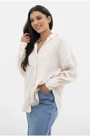 قميص فضفاض بأكمام طويلة - بيج