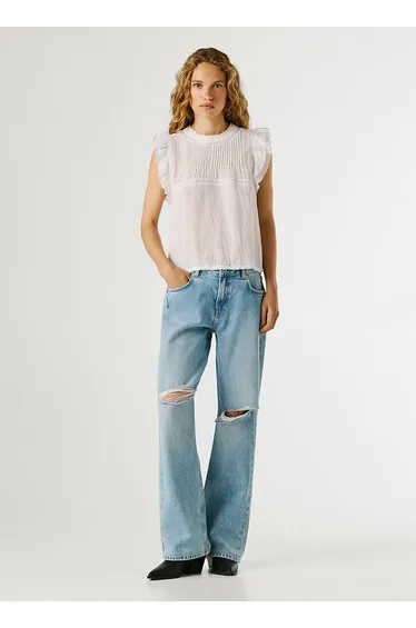 توب بيبي جينز أبيض بكشكش بلا أكمام