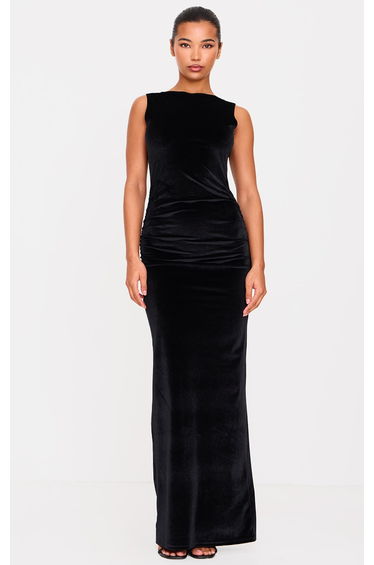 Black Velvet Boat Neck Floor Length Dress