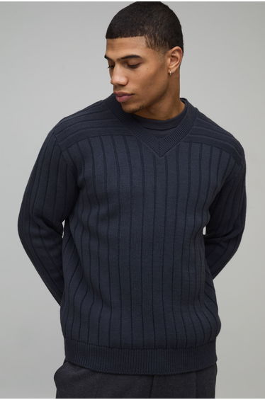 Regular Rib V Neck Ribbed Knitted Jumper - charcoal
