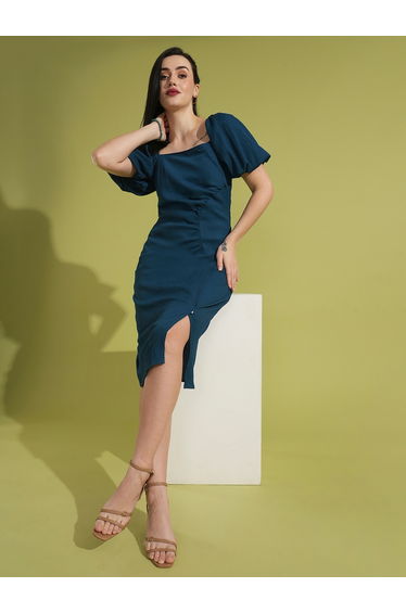 Women Textured Square Neck Ruched Sheath Midi Dress