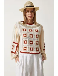 Women's Cream Embroidered Woven Blouse