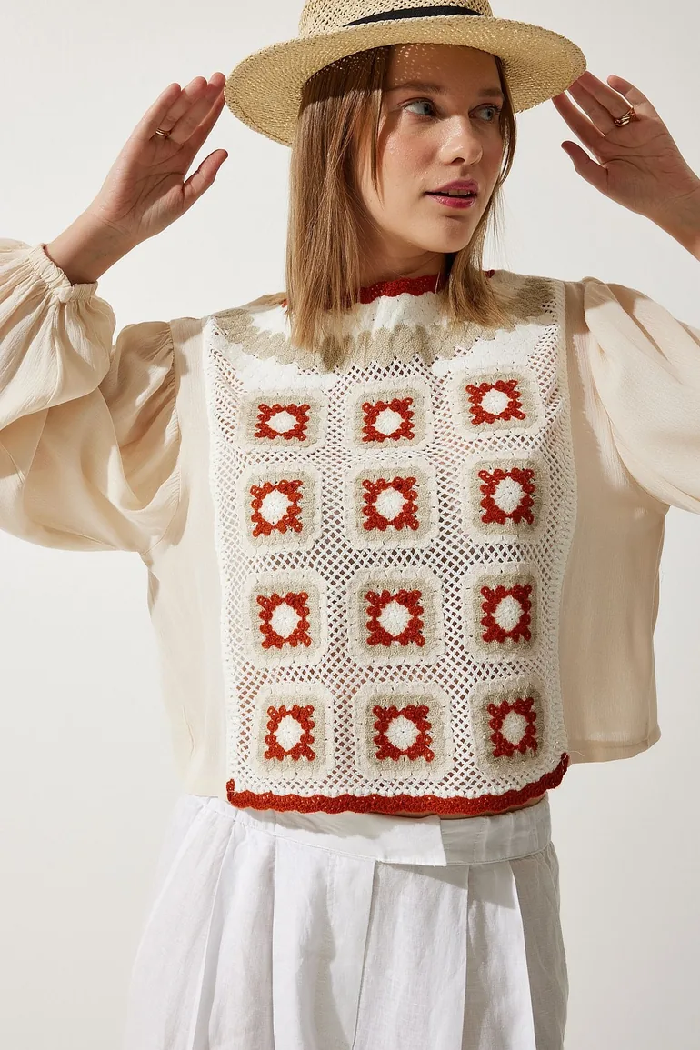 Women's Cream Embroidered Woven Blouse - 1