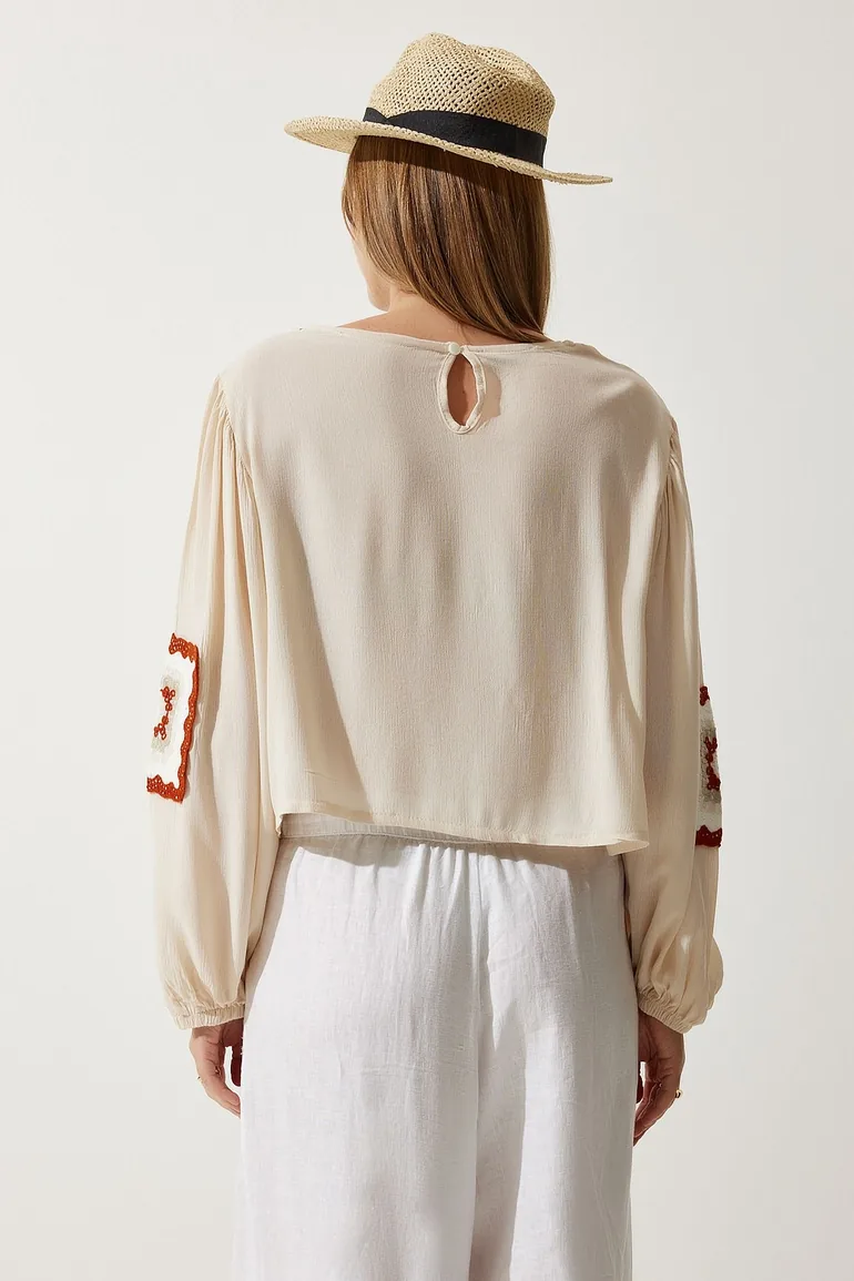 Women's Cream Embroidered Woven Blouse - 4