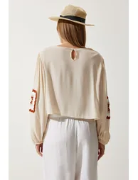 Women's Cream Embroidered Woven Blouse - 4