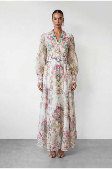 Petal Grace White Floral Print Puff Sleeve Maxi Dress