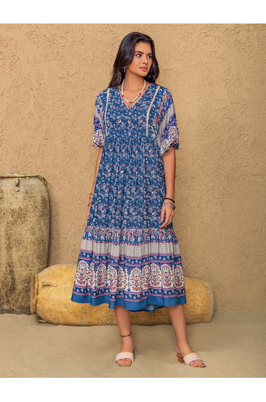 Women Blue All Over Print Midi Dress