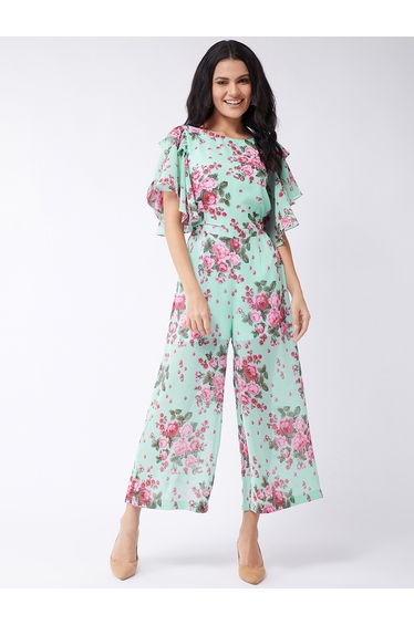 Green Floral Print Frill Sleeves Jumpsuit