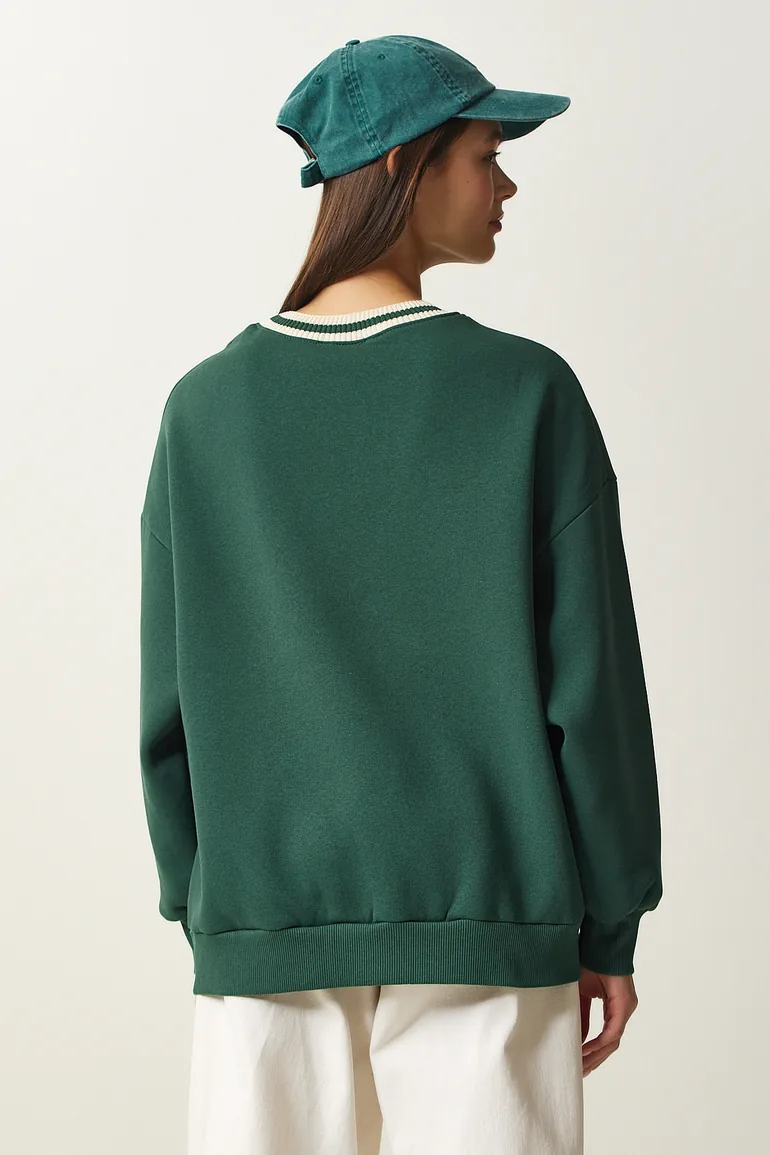 Women's Green Embroidered Rose Gold Knitted Sweatshirt - 4