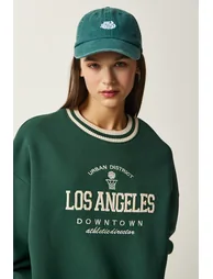 Women's Green Embroidered Rose Gold Knitted Sweatshirt