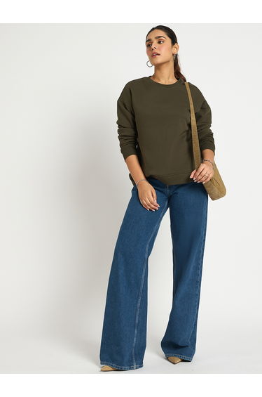 Olive Crew Neck Regular Fit Sweatshirt