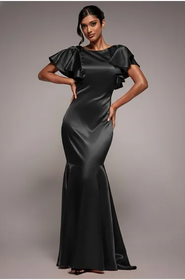 Goddiva Satin Flutter Sleeve Mermaid Maxi - Black