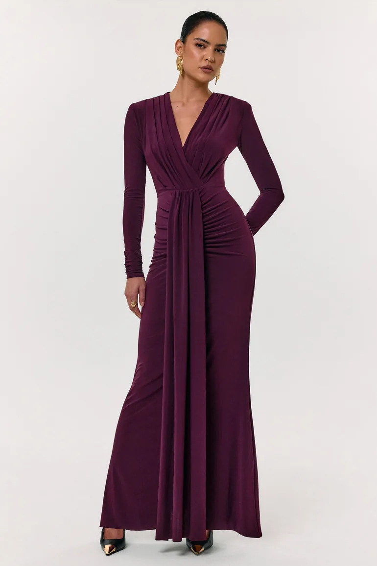 Flashy | Burgundy Plunge-Neck Maxi Dress With Ruched Detailing Club L  London Purple : Premium Dresses : VogaCloset Libya