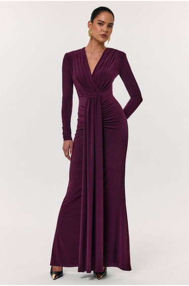 Flashy | Burgundy Plunge-Neck Maxi Dress With Ruched Detailing