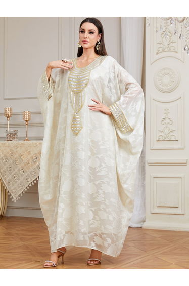 Women Beige Embroidered Kimono Sleeve Kaftan