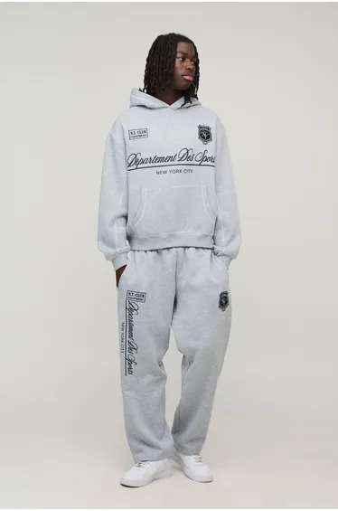 Oversized Boxy Sports Department Embroidered Hooded Tracksuit - grey marl
